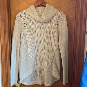 RD Style Cream Cowl Neck Sweater with Asymmetrical Hem